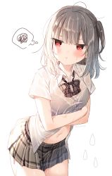 Rule 34 | 1girl, :t, ahoge, bad id, bad pixiv id, black bra, black skirt, bow, bowtie, bra, bra visible through clothes, breasts, closed mouth, collared shirt, commentary request, cowboy shot, dress shirt, grey hair, highres, long hair, looking at viewer, mafuyu (chibi21), medium breasts, miniskirt, navel, one side up, original, plaid, plaid skirt, pleated skirt, pout, red eyes, see-through, shirt, short sleeves, simple background, skirt, solo, squiggle, stomach, thighs, thought bubble, underwear, wet, white background, white shirt