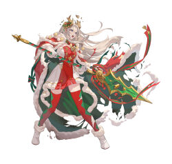 Rule 34 | 1girl, blue eyes, cape, damaged, diamond print, dress, edelgard von hresvelg, edelgard von hresvelg (snowfall future), fake horns, fire emblem, fire emblem: three houses, fire emblem heroes, gloves, green cape, high heels, holding, holding polearm, holding weapon, horns, long hair, multicolored clothes, multicolored dress, nintendo, official alternate costume, official art, open mouth, polearm, red cape, red dress, red thighhighs, solo, teeth, teffish, thighhighs, torn cape, torn clothes, upper teeth only, v-shaped eyebrows, weapon, white dress, white footwear, white gloves, white hair