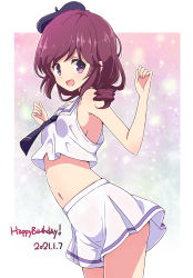 Rule 34 | 1girl, :d, ascot, beret, black ascot, black hat, breasts, dated, happy birthday, hat, highres, looking at viewer, machikado mazoku, mel (melty pot), midriff, navel, open mouth, purple eyes, red hair, short hair, skirt, sleeveless, small breasts, smile, solo, thighs, white skirt, yoshida ryouko