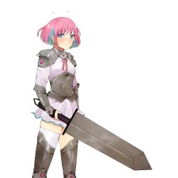 Rule 34 | 1girl, alternate costume, antennae, armor, blue eyes, blue hair, bright pupils, commentary, english commentary, fantasy, greaves, highres, holding, holding sword, holding weapon, looking to the side, manaka umio, multicolored hair, myholo tv, pink hair, purple skirt, short hair, simple background, single thighhigh, skirt, sktar, solo, streaked hair, sword, thighhighs, v-shaped eyebrows, virtual youtuber, weapon, white background, white pupils