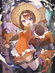 Rule 34 | 1girl, absurdres, birthday, brown hair, clenched hand, commentary, commission, confetti, covered navel, english commentary, fish girl, food, harufude, highres, holding, holding string, indie virtual youtuber, jumping, looking at viewer, medium hair, one-piece swimsuit, open mouth, orange one-piece swimsuit, party popper, purple eyes, smile, soap bubbles, solo, string, string of pearls, sushiima, swimsuit, taiyaki, thighhighs, virtual youtuber, wagashi, white thighhighs