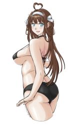 Rule 34 | 1girl, absurdres, ahoge, alternate costume, ass, bikini, black bikini, blue eyes, breasts, brown hair, commentary request, cowboy shot, double bun, hairband, heart, heart ahoge, highres, kantai collection, kongou (kancolle), large breasts, long hair, looking at viewer, simple background, smile, solo, sozan, swimsuit, white background, white hairband