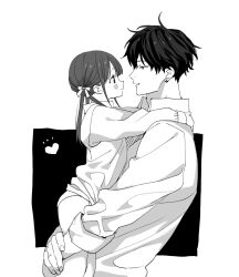 Rule 34 | 1boy, 1girl, age difference, blush, carrying, carrying person, chup2m, collared shirt, couple, earrings, eye contact, from side, greyscale, heart, hetero, hug, jewelry, long hair, long sleeves, looking at another, monochrome, no pants, original, panties, parted lips, profile, shirt, smile, twintails, two-tone background, underwear