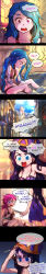 Rule 34 | 3girls, absurdres, arm tattoo, black hair, blue eyes, blue hair, body switch, breasts, caitlyn (league of legends), comic, commentary, emphasis lines, english commentary, english text, gun, hair down, hat, hidden weapon, highres, jinx (league of legends), kimi no na wa., league of legends, long hair, long image, messy hair, multiple girls, parody, personality switch, phantom ix row, pink eyes, pink hair, purple eyes, grabbing own breast, surprised, tall image, tattoo, vi (league of legends), waking up, weapon
