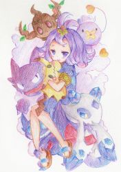 Rule 34 | 1girl, :d, acerola (pokemon), antenna hair, armlet, bad id, bad pixiv id, blue dress, blush stickers, brown footwear, commentary request, creatures (company), dress, drifloon, fangs, forehead, froslass, game freak, gen 1 pokemon, gen 4 pokemon, gen 6 pokemon, gen 7 pokemon, grey background, hair ornament, haunter, heart, highres, hug, looking at viewer, mimikyu, nintendo, open mouth, parted bangs, parted lips, phantump, pokemon, pokemon (creature), pokemon sm, purple eyes, purple hair, sandals, sharp teeth, short sleeves, smile, teeth, traditional media, tsukiyo (skymint), upper teeth only, wavy mouth