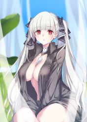 Rule 34 | 1girl, azur lane, between breasts, black shirt, blue sky, blush, breasts, cleavage, closed mouth, collared shirt, detached collar, dress shirt, formidable (azur lane), grey hair, hair ribbon, large breasts, long hair, long sleeves, looking at viewer, mikoto (mio), naked shirt, open clothes, open shirt, red eyes, ribbon, seiza, shirt, sitting, sky, solo, thighs, twintails, two-tone ribbon, very long hair
