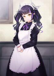 Rule 34 | 1girl, absurdres, alternate costume, apron, black dress, black hair, blunt bangs, blurry, blurry background, blush, breasts, closed mouth, commentary request, demon girl, demon horns, dress, enmaided, feet out of frame, frilled apron, frills, head tilt, highres, horns, indoors, juliet sleeves, kojo anna, long hair, long sleeves, looking at viewer, maid, maid apron, maid headdress, medium bangs, multicolored hair, nanashi inc., neck ribbon, own hands together, painting (object), pointy ears, puffy sleeves, purple hair, purple ribbon, ribbon, robou no stone, small breasts, smile, solo, twintails, two-tone hair, virtual youtuber, wall, white apron, yellow eyes