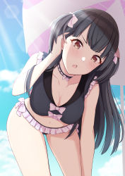 Rule 34 | 1girl, arm up, bare legs, bikini, black bikini, black hair, blue sky, blush, bow, breasts, brown eyes, choker, cleavage, cloud, cloudy sky, collarbone, commentary request, cowboy shot, frilled swimsuit, frills, hair bow, hair ornament, hairclip, heart, heart hair ornament, highres, idolmaster, idolmaster shiny colors, lace, lace choker, leaning forward, long hair, looking at viewer, mayuzumi fuyuko, medium breasts, navel, open mouth, panna444, pink bow, pink umbrella, sidelocks, sky, sleeveless, solo, striped umbrella, sunlight, swimsuit, two side up, umbrella, v-shaped eyebrows, white umbrella