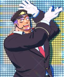 Rule 34 | 1boy, bara, dancing, formal, gloves, highres, live a hero, male focus, mature male, microphone, muscular, muscular male, necktie, purple eyes, shaft (live a hero), smile, solo, suit, yakisoba ohmori