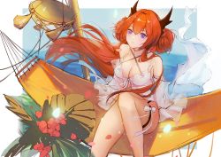 Rule 34 | 1girl, absurdres, arknights, blush, breasts, cleavage, criss-cross halter, detached sleeves, double bun, feet out of frame, hair bun, hair ribbon, halterneck, hammock, highres, horns, large breasts, long hair, long sleeves, official alternate costume, purple eyes, red hair, ribbon, sitting, solo, surtr (arknights), surtr (colorful wonderland) (arknights), thigh strap, thighs, very long hair, zcyl