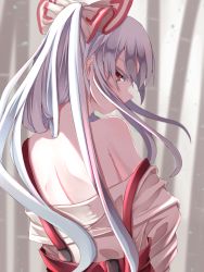Rule 34 | 1girl, bare shoulders, blurry, blurry background, bow, clothes pull, colored eyelashes, commentary request, depth of field, fujiwara no mokou, hair bow, highres, long hair, looking at viewer, looking back, off shoulder, ponytail, profile, red eyes, shirt, shirt pull, silver hair, solo, suspenders, suspenders slip, touhou, tsune (tune), upper body, very long hair, white bow, white shirt