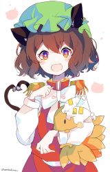 Rule 34 | 1girl, :d, absurdres, animal ears, animal hat, bad id, bad pixiv id, blush stickers, bow, bowtie, bright pupils, brown hair, cat ears, cat tail, chen, earrings, fang, gold trim, green hat, hair between eyes, hat, heart, heart tail, highres, holding, jewelry, looking at viewer, mob cap, multiple tails, nekomata, open mouth, red skirt, red vest, short hair, simple background, single earring, skirt, skirt set, smile, solo, tail, touhou, two tails, umemaro (siona0908), upper body, vest, white background, white bow, white bowtie, white hat, white pupils, yakumo ran, yakumo ran (fox)
