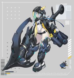Rule 34 | 1girl, aqua hair, artist name, black footwear, black jacket, boots, closed mouth, commentary request, covered navel, full body, gloves, grey background, grey gloves, grey hair, highres, holding, hood, hood up, hooded jacket, jacket, long sleeves, looking at viewer, mecha musume, multicolored hair, natori youkai, one-piece swimsuit, open clothes, open jacket, original, puffy long sleeves, puffy sleeves, qr code, simple background, smile, solo, swimsuit, thigh boots, two-tone hair, white one-piece swimsuit, yellow eyes