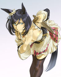 1girl absurdres animal_ears black_hair blue_eyes bow breasts choker cleavage closed_mouth collarbone ear_ribbon eishin_flash_(umamusume) german_clothes hair_between_eyes highres horse_ears horse_girl leaning_forward looking_at_viewer medium_breasts red_choker ruukii_drift short_hair smile solo umamusume white_background