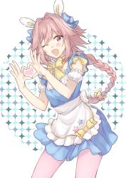 Rule 34 | 1boy, ;d, alternate costume, apron, astolfo (fate), blush, braid, enmaided, fang, fate/apocrypha, fate/grand order, fate (series), heart, heart hands, kan&#039;yu (citron 82), long hair, looking at viewer, maid, maid apron, male focus, moe moe kyun!, one eye closed, open mouth, pink hair, ponytail, single braid, smile, solo, trap