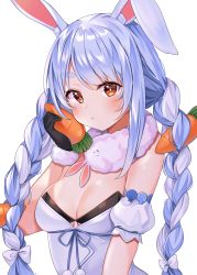 Rule 34 | 1girl, absurdres, animal ear fluff, animal ears, bad id, bad twitter id, bare shoulders, black gloves, blue hair, blush, braid, breasts, brown eyes, carrot, carrot hair ornament, cleavage, closed mouth, commentary, food, food-themed hair ornament, gloves, hair ornament, highres, holding, holding food, hololive, long braid, long hair, looking at viewer, medium breasts, multicolored hair, pout, puffy short sleeves, puffy sleeves, rabbit ears, rabbit girl, reel (riru), ribbon, scarf, short hair, short sleeves, simple background, solo, thick eyebrows, twin braids, two-tone hair, upper body, usada pekora, usada pekora (1st costume), virtual youtuber, white background, white hair