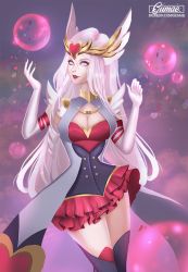 Rule 34 | 1girl, alternate costume, artist name, breasts, cleavage, cleavage cutout, clothing cutout, corset, energy ball, gumae, heart, large breasts, league of legends, lipstick, long hair, makeup, no pupils, purple eyes, red lips, silver hair, skirt, solo, syndra, thighhighs, watermark, web address, winged hair ornament