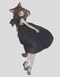 Rule 34 | 1girl, animal ears, bare arms, black bow, black dress, blunt bangs, bow, braid, brown eyes, brown hair, cat ears, cat girl, cat tail, closed mouth, commentary, dress, english commentary, expressionless, french braid, full body, grey background, grey footwear, high heels, highres, looking at viewer, nekosuke (oxo), original, simple background, sleeveless, sleeveless dress, solo, tail