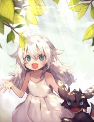 Rule 34 | 1girl, :d, ahoge, bare arms, bare shoulders, blue eyes, blush, child, clothes grab, collarbone, day, dragon, dress, fang, fantasy, flipped hair, hair between eyes, hair flaps, highres, leaf, light rays, long hair, messy hair, open mouth, original, outdoors, shugao, silver hair, sky, sleeveless, sleeveless dress, smile, solo, sunbeam, sunlight, tareme, white dress, wyvern