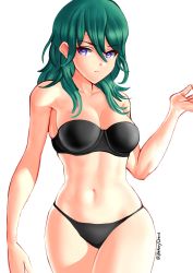 Rule 34 | &gt;:(, 1girl, aqua hair, bare arms, bare legs, bare shoulders, black bra, black panties, blue eyes, bra, breasts, byleth (female) (fire emblem), byleth (fire emblem), cleavage, closed mouth, collarbone, female focus, fire emblem, fire emblem: three houses, hair between eyes, hand up, highres, large breasts, legs, lingerie, long hair, looking at viewer, midriff, navel, neck, nintendo, panties, purple eyes, serious, simple background, solo, standing, strapless, strapless bra, twitter username, underwear, white background