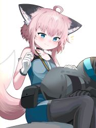 Rule 34 | 1girl, 1other, absurdres, ahoge, animal ear fluff, animal ears, arknights, arm up, bare shoulders, black gloves, black jacket, black pantyhose, blue dress, blue eyes, blush, breasts, closed mouth, collarbone, doctor (arknights), dress, feet out of frame, fox ears, fox girl, fox tail, gloves, highres, hood, hood down, hooded jacket, jacket, lap pillow, notice lines, pantyhose, pink hair, simple background, sleeveless, sleeveless dress, small breasts, smile, spam (spamham4506), sussurro (arknights), tail, white background, white gloves