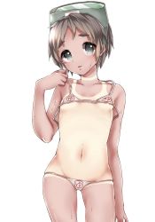 Rule 34 | 10s, 1girl, bad id, bad twitter id, bikini, brown eyes, brown hair, clothes writing, flat chest, goggles, goggles on head, grey eyes, jpeg artifacts, kantai collection, looking at viewer, maru-yu (kancolle), micro bikini, navel, one-piece tan, shogetsu, short hair, shougetsu (showge2), simple background, solo, swimsuit, tan, tanline, wet, white background