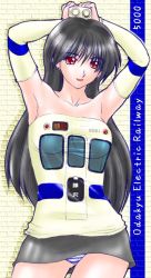 Rule 34 | 1girl, 5000, black hair, breasts, mascot, medium breasts, odakyu, railway, red eyes, solo, train