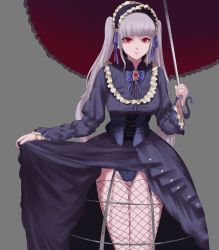 Rule 34 | absurdres, clothes lift, corset, dungeon and fighter, goth fashion, gothic lolita, highres, lolita fashion, mkkam, red eyes, silver luster tagore, skirt, skirt lift, thighhighs, twintails, umbrella, white hair
