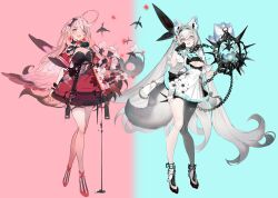 Rule 34 | 2girls, absurdres, animal ears, black gloves, bow, chain, character request, copyright request, full body, gloves, grey hair, hair bow, highres, legs, multiple girls, pink hair, shokuen (oxstl), spikes, standing, tail, thigh strap, weapon