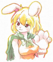 Rule 34 | 1girl, animal ears, animal hands, artist request, blonde hair, blush, breasts, carrot (one piece), furry, furry female, gloves, looking at viewer, medium breasts, one piece, paw gloves, rabbit ears, rabbit girl, red eyes, shimabo, short hair, simple background, solo, tagme, upper body, white background