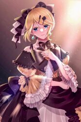 Rule 34 | 1girl, aku no musume (vocaloid), black bow, black ribbon, blonde hair, blue eyes, blue gemstone, bow, choker, colored eyelashes, detached collar, dress, dress bow, dress flower, earrings, elbow rest, evillious nendaiki, floral print, flower, frilled bow, frilled sleeves, frills, gem, hair bow, hair ornament, hairclip, hand on own chest, highres, itkedo, jewelry, kagamine rin, light particles, miku symphony (vocaloid), off-shoulder dress, off shoulder, petticoat, ribbon, riliane lucifen d&#039;autriche, rose, smile, solo, vocaloid, wide sleeves, yellow dress, yellow flower, yellow rose