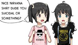 Rule 34 | 2girls, aiu404l, arms at sides, band shirt, black hair, black shirt, blue eyes, blush, breaking bad, child, egg (aiu404l), english text, frown, highres, looking at viewer, low twintails, merchandise, multiple girls, nirvana (band), open mouth, original, pink eyes, pink shirt, print shirt, shirt, short sleeves, smile, straight-on, surprised, twintails, walter white, white background