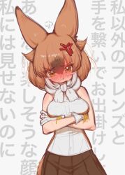 Rule 34 | 1girl, animal ears, bare shoulders, blush, brown eyes, brown hair, dhole (kemono friends), extra ears, gloves, kemono friends, looking at viewer, notora, scarf, shirt, short hair, simple background, skirt, sleeveless, sleeveless shirt, solo, tail, wolf ears, wolf girl, wolf tail