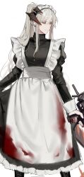 Rule 34 | 1girl, alternate costume, apron, arknights, black dress, black footwear, blood, blood on clothes, closed mouth, commentary, dragon girl, dragon horns, dress, grey hair, gun, hair between eyes, highres, holding, holding gun, holding weapon, horns, joshua (shisanli934), long hair, long sleeves, maid, maid apron, maid headdress, orange eyes, ponytail, saria (arknights), sidelocks, simple background, solo, standing, symbol-only commentary, weapon, white apron, white background