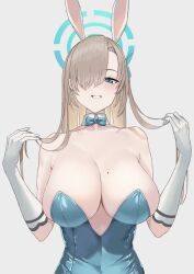 Rule 34 | 1girl, animal ears, asuna (blue archive), asuna (bunny) (blue archive), asymmetrical bangs, blue archive, blue bow, blue bowtie, blue leotard, blush, bow, bowtie, breasts, cleavage, collarbone, detached collar, fake animal ears, gloves, hair over one eye, halo, highres, holding, holding own hair, huge breasts, leotard, light brown hair, long bangs, looking at viewer, mole, mole on breast, mole under eye, official alternate costume, one eye covered, plaster (2501), plunging neckline, rabbit ears, simple background, smile, solo, straight hair, strapless, strapless leotard, upper body, white background, white gloves
