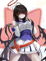 Rule 34 | 1girl, antenna hair, bare shoulders, black hair, black wings, blue archive, blue choker, blush, breasts, choker, closed mouth, cowboy shot, detached collar, halo, highres, komena (shinyday312), large breasts, long hair, looking at viewer, melting halo, mischievous straight uniform (blue archive), pleated skirt, red eyes, red halo, skirt, solo, star (symbol), tsurugi (blue archive), wavy mouth, white skirt, wings
