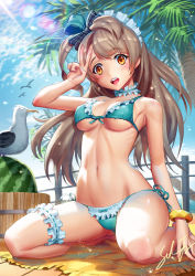 Rule 34 | 10s, 1girl, :d, animal, armpits, beach towel, bikini, bird, blue sky, blush, bow, bracelet, breasts, bridal garter, brown eyes, brown hair, bucket, cloud, collar, covered erect nipples, day, fence, fingernails, floating hair, food, frilled bikini, frilled collar, frills, front-tie top, fruit, full body, green bikini, hair bow, highres, jewelry, lens flare, light rays, long hair, looking at viewer, love live!, love live! school idol project, medium breasts, minami kotori, navel, open mouth, outdoors, palm tree, plant, seagull, seiza, side-tie bikini bottom, signature, sinad aruatjanapat, sitting, sky, smile, solo, stomach, sunbeam, sunlight, swimsuit, towel, tree, underboob, v over eye, watermelon, wooden floor