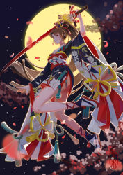 Rule 34 | 1girl, absurdres, brown hair, cherry blossoms, falling leaves, floating, full body, full moon, hair ornament, high ponytail, highres, holding, holding sword, holding weapon, japanese clothes, katana, kimono, leaf, long hair, long sleeves, looking at viewer, moon, night, night sky, obi, off shoulder, onmyoji, outdoors, parted bangs, parted lips, petals, ponytail, print kimono, red eyes, sash, short eyebrows, short kimono, sky, solo, sword, tagme, thick eyebrows, very long hair, weapon, xingmujiang, youtouhime