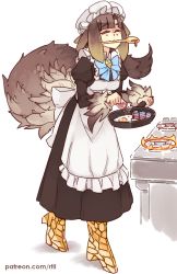Rule 34 | 1girl, :3, ^ ^, apron, blunt bangs, bonnet, bow, brown hair, closed eyes, clothing cutout, commentary, cooking, dress, egg (food), english commentary, food, fried egg, frying pan, full body, juliet sleeves, kikimora (monster girl encyclopedia), kitchen, large tail, long dress, long sleeves, maid, maid apron, monster girl, monster girl encyclopedia, monster girl encyclopedia ii, mouth hold, puffy sleeves, rtil, scales, solo, stove, tail, tail through clothes, watermark, web address, wooden spoon