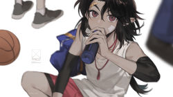 Rule 34 | 1boy, ball, bandaid, bandaid on face, bandaid on forehead, basketball, basketball (object), bean mr12, black hair, bottle, covering own mouth, drinking, feet, hair between eyes, lanxi zhen, long hair, luo xiaohei zhanji, pointy ears, purple eyes, red shorts, shorts, solo focus, tank top, water bottle, white background, white tank top, xuan li (the legend of luoxiaohei)