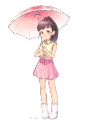 Rule 34 | absurdres, bare legs, black hair, blouse, boots, bow, child, commentary request, dated, flat chest, frilled shirt, frills, fukuyama mai, grey eyes, h vstpy, highres, holding, holding umbrella, idolmaster, idolmaster cinderella girls, long hair, looking at viewer, pink bow, pink skirt, ponytail, print skirt, red scrunchie, rubber boots, scrunchie, shirt, signature, skirt, sleeveless, sleeveless shirt, smile, solo, umbrella, waist bow, white background, white bow, white footwear, wing collar, yellow shirt