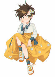 Rule 34 | 1girl, aged down, alternate costume, bad id, bad tumblr id, brown eyes, brown hair, closed mouth, collar, commentary, crossed legs, dress, flower, full body, grey socks, hair flower, hair ornament, hanbok, highres, invisible chair, korean clothes, long sleeves, looking away, maro (lij512), overwatch, overwatch 1, shoes, short hair, signature, simple background, sitting, skirt, sneakers, socks, solo, spiked hair, tracer (overwatch), white background, white flower, white footwear, yellow skirt
