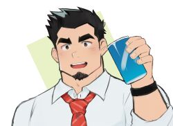 Rule 34 | 1boy, bara, black hair, blush, brown eyes, can, collared shirt, crave saga, facial hair, goatee, highres, holding, holding can, long sideburns, male focus, necktie, protagonist (crave saga), red necktie, shirt, short hair, sideburns, solo, thick eyebrows, upper body, usuki (usukine1go)
