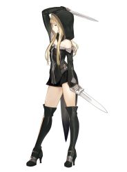 Rule 34 | 1girl, arm up, bare shoulders, belt, black footwear, black thighhighs, blonde hair, boots, breasts, closed mouth, commentary request, copyright request, dagger, full body, high heel boots, high heels, highres, holding, holding weapon, hood, jamadhar, km yama, knife, long hair, long sleeves, looking away, purple eyes, short shorts, shorts, small breasts, solo, standing, thighhighs, weapon, white background