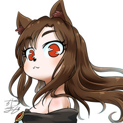 Rule 34 | 1girl, animal ear fluff, animal ears, animal nose, profile picture, brooch, brown hair, chamaji, commentary, dress, imaizumi kagerou, jewelry, long hair, looking at viewer, lowres, off-shoulder dress, off shoulder, red eyes, signature, simple background, solo, touhou, upper body, werewolf, white background, wolf ears