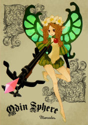 Rule 34 | 1girl, bad id, bad pixiv id, bow (weapon), braid, brown hair, butterfly wings, character name, copyright name, crossbow, crystal, fairy, flower, hair flower, hair ornament, insect wings, l hakase, legs, mercedes (odin sphere), odin sphere, pointy ears, puff and slash sleeves, puffy shorts, puffy sleeves, red eyes, shorts, solo, twin braids, weapon, wings