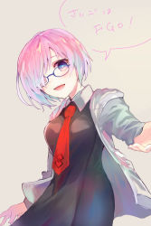 Rule 34 | 1girl, :d, absurdres, black dress, blue-framed eyewear, blush, breasts, brown background, collared dress, dress, fate/grand order, fate (series), fingernails, glasses, grey jacket, hair over one eye, highres, hood, hood down, hooded jacket, jacket, long sleeves, looking at viewer, mash kyrielight, medium breasts, necktie, open clothes, open jacket, open mouth, outstretched arm, pink hair, purple eyes, red necktie, simple background, smile, solo, tomozero, translation request