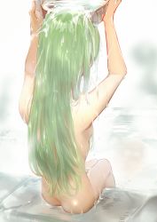 Rule 34 | 1girl, ass, back, breasts, bucket, buckle, c.c., code geass, completely nude, creayus, from behind, green hair, legs together, long hair, nude, onsen, outdoors, pouring, simple background, sitting, solo, steam, very long hair, water, wet, wet hair, wooden bucket