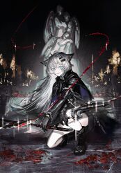 Rule 34 | 1girl, absurdres, angel statue, animal ears, arknights, black coat, black footwear, black gloves, blood, blood on face, blood on ground, blue eyes, coat, commentary, gawako, gloves, hair ornament, hairclip, highres, holding, holding sword, holding weapon, lappland (arknights), lappland (refined horrormare) (arknights), light particles, long hair, looking at viewer, official alternate costume, on one knee, open clothes, open coat, parted lips, scar, scar across eye, shorts, skyline, solo, statue, sword, weapon, white hair, wolf ears