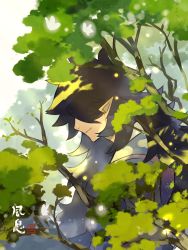 Rule 34 | 1boy, branch, fengxi (the legend of luoxiaohei), hair over eyes, highres, leaf, long hair, plant, pointy ears, profile, smile, solo, luo xiaohei zhanji, tree, upper body, yunomoto